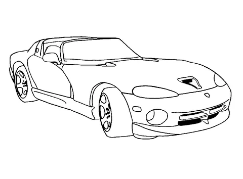 Desenho de carro de corrida para colorir: um carro esportivo Dodge Viper com um design elegante, visto da frente direita