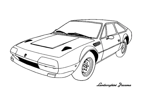 Desenho de carro de corrida para colorir: um carro esportivo vintage Lamborghini Jarama com um capô longo, visto da frente esquerda