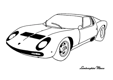 Desenho de carro de corrida para colorir: um clássico carro esportivo Lamborghini Miura visto da frente esquerda