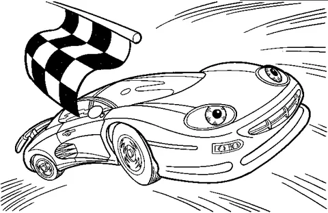 Desenho de carro de corrida para colorir: um carro de corrida de desenho animado com olhos e um sorriso, segurando uma bandeira quadriculada