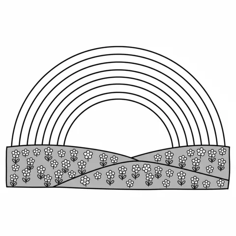 Rainbow coloring page: a simple rainbow arching over a field of small flowers
