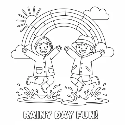 Rainbow coloring page: two happy children in raincoats jumping in puddles under a rainbow