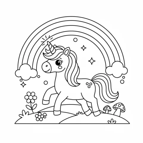 Rainbow coloring page: a cute unicorn with a sparkling horn walking on a grassy hill under a rainbow