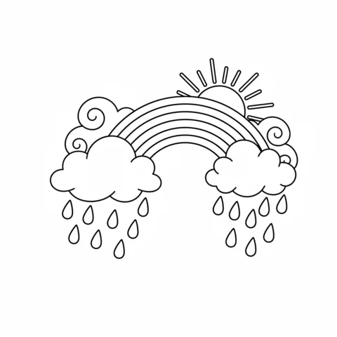 Rainbow coloring page: a rainbow with clouds raining on both sides and a sun shining above