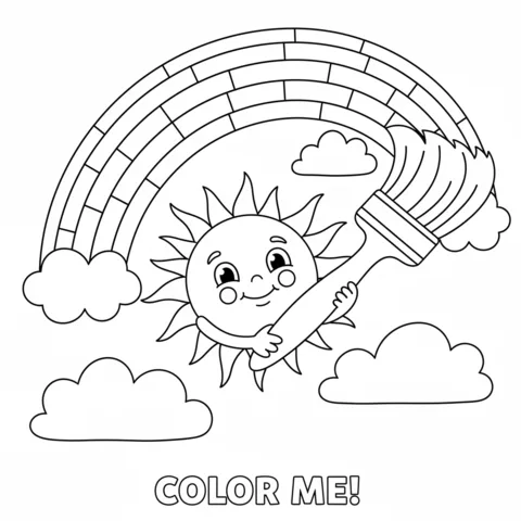 Rainbow coloring page: a smiling sun character painting a rainbow with a large brush