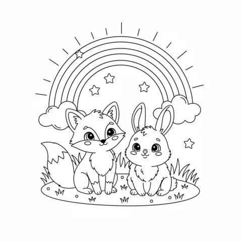 Rainbow coloring page: a cute fox and a rabbit sitting together on a grassy patch under a rainbow