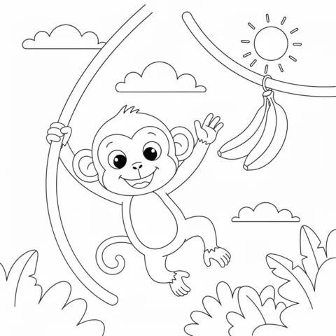 Monkey coloring page: a happy monkey swinging on a vine with bananas on another branch