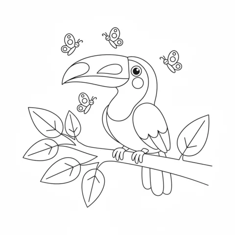 Toucan coloring page: a toucan sitting on a tree branch with four butterflies flying around it