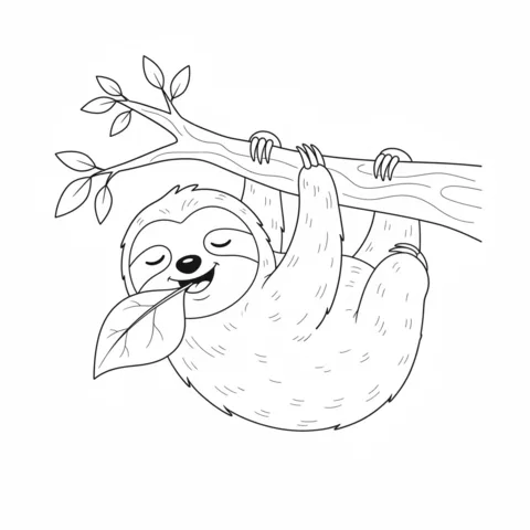Sloth coloring page: a smiling sloth hanging upside down from a branch, holding a leaf in its mouth