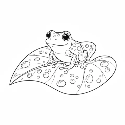 Frog coloring page: a spotted frog sitting on a large leaf covered in dewdrops