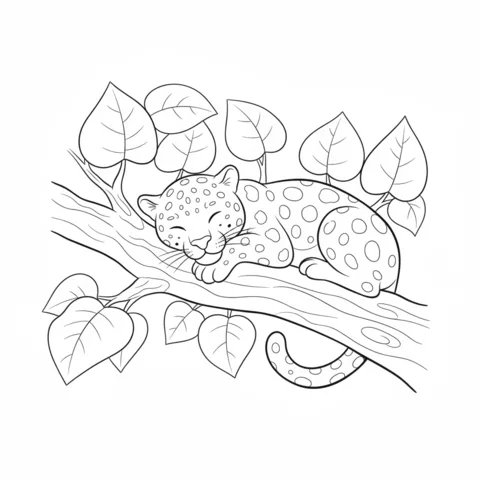 Jaguar coloring page: a baby jaguar sleeping peacefully on a tree branch surrounded by leaves