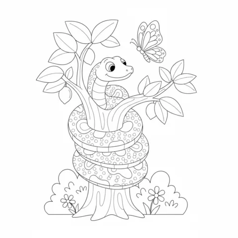 Snake coloring page: a friendly snake wrapped around a tree trunk, looking at a butterfly