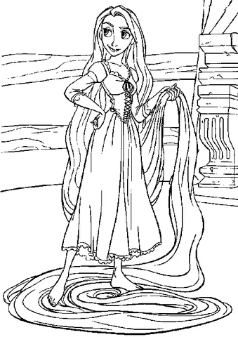 Ausmalbild Rapunzel: Rapunzel steht barfuß da und hält ihr langes Haar, das einen Kreis bildet