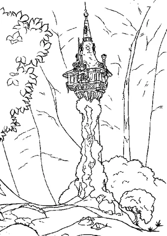 Ausmalbild Rapunzel: Rapunzels hoher, isolierter Turm auf einer Waldlichtung