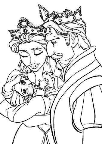 Ausmalbild Rapunzel: der König und die Königin halten Baby Rapunzel, alle tragen Kronen