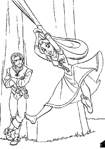 Ausmalbild Rapunzel: Rapunzel schwingt an ihren Haaren, während Flynn Rider zuschaut