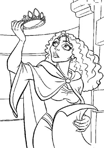 Ausmalbild Rapunzel: Mutter Gothel hält eine Krone in einer Hand hoch und betrachtet sie