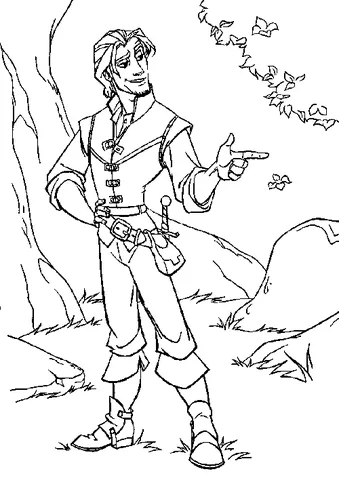 Ausmalbild Rapunzel: Flynn Rider steht in einem Wald und zeigt nach rechts