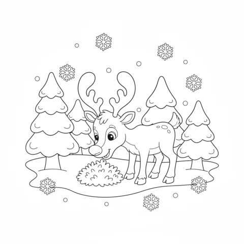 Dibujo de reno para colorear: un lindo reno comiendo musgo en un bosque nevado con pinos