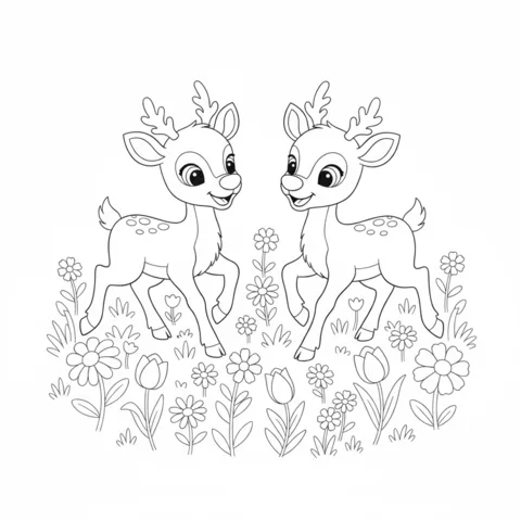 Dibujo de reno para colorear: dos adorables renos bebés de pie en un campo de flores en flor