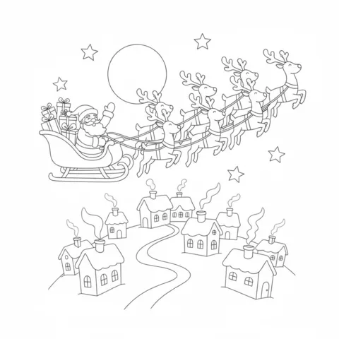 Dibujo de reno para colorear: Papá Noel volando en su trineo tirado por ocho renos sobre un pueblo de noche