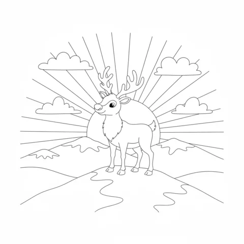 Dibujo de reno para colorear: un majestuoso reno de pie en la cima de una montaña con un amanecer detrás