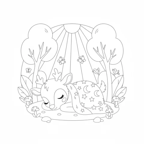 Dibujo de reno para colorear: un reno bebé durmiendo bajo una manta estrellada en un bosque