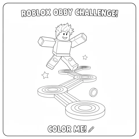 Roblox coloring page: a Roblox character jumping on a path of floating circular platforms