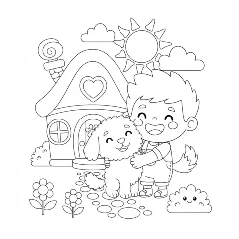 Roblox coloring page: a boy hugging a fluffy dog in front of a small house with a heart