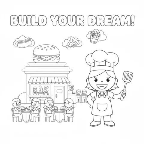 Roblox coloring page: a chef holding a spatula in front of a restaurant with customers and food
