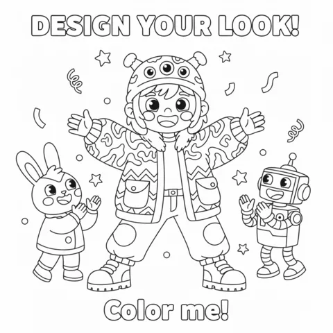 Roblox coloring page: a character in an alien hat and jacket, with a bunny and a robot