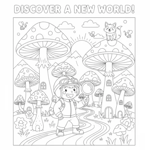 Roblox coloring page: a child explorer with a magnifying glass in a world of giant mushrooms
