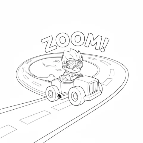 Roblox coloring page: a character in goggles driving a small race car on a winding track