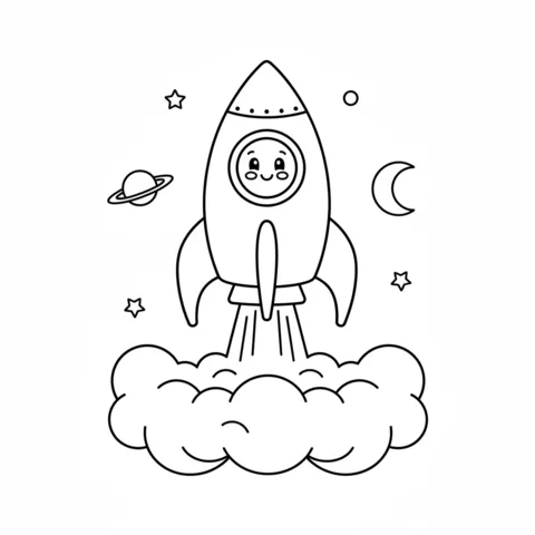 Rocket coloring page: a cute rocket launching into space with a planet, moon, and stars