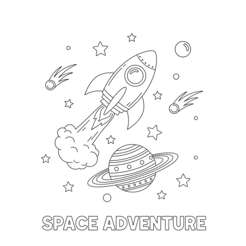 Rocket coloring page: a rocket flying past a ringed planet, comets, and stars