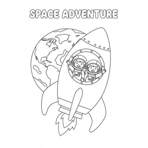 Rocket coloring page: two astronauts waving from a rocket launching in front of Earth