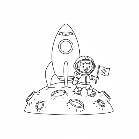 Rocket coloring page: an astronaut planting a flag on the moon next to a rocket