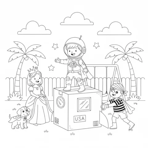 Rocket coloring page: children playing dress-up outdoors, an astronaut on a box rocket