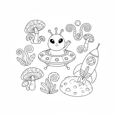 Rocket coloring page: an alien in a UFO, a rocket on the moon, and whimsical plants