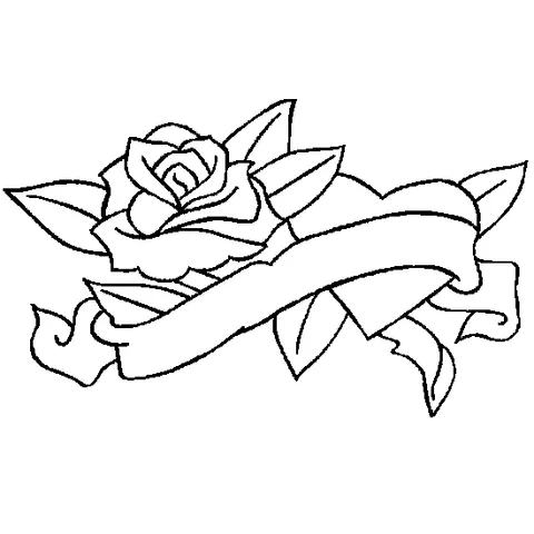 Desenho de Rosas para colorir: uma única rosa com folhas e uma fita decorativa