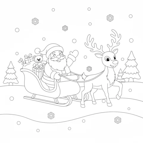 Desenho do Papai Noel para colorir: Papai Noel acenando de seu trenó puxado por uma rena na neve