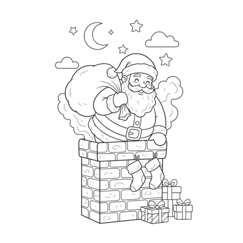 Desenho do Papai Noel para colorir: Papai Noel saindo de uma chaminé com um saco de brinquedos