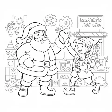 Desenho do Papai Noel para colorir: Papai Noel cumprimentando um elfo em uma oficina de brinquedos