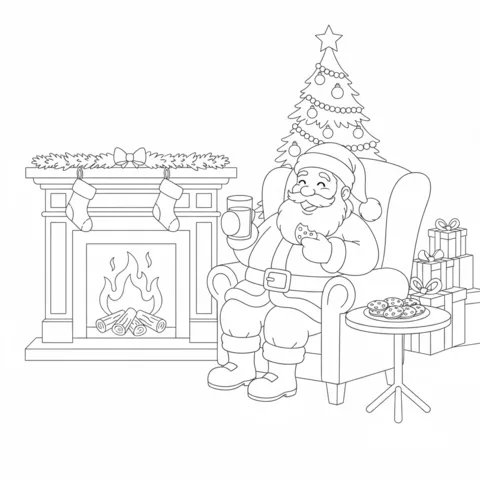 Desenho do Papai Noel para colorir: Papai Noel comendo biscoitos e leite ao lado de uma lareira e árvore de Natal