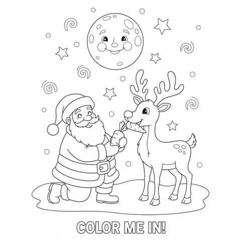 Desenho do Papai Noel para colorir: Papai Noel alimentando uma rena com uma cenoura sob uma lua sorridente
