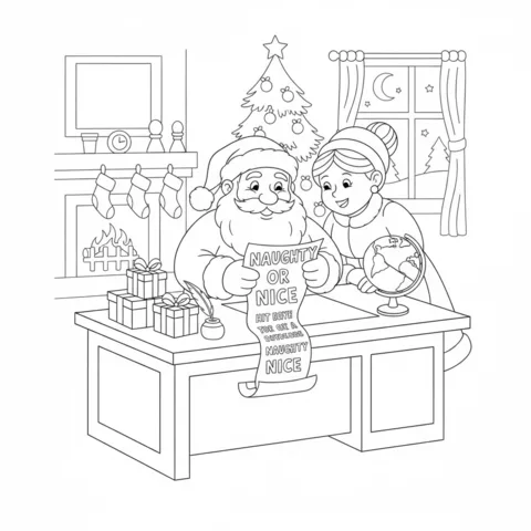 Desenho do Papai Noel para colorir: Papai Noel e Mamãe Noel olhando a lista de crianças boazinhas ou danadinhas