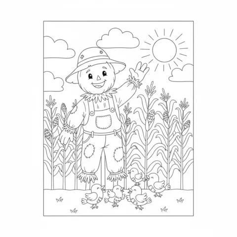 Scarecrow coloring page: a happy scarecrow waving in a cornfield with five small chicks