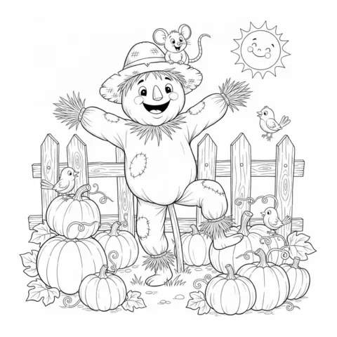 Scarecrow coloring page: a scarecrow with a mouse on its hat, surrounded by pumpkins and birds