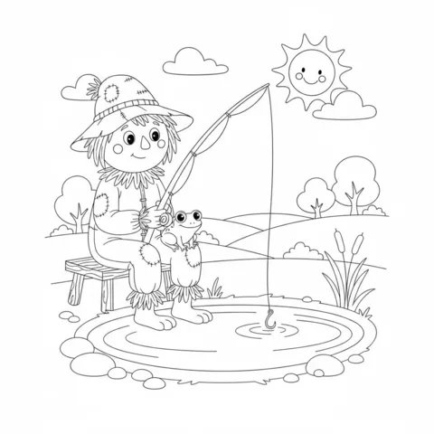 Scarecrow coloring page: a scarecrow fishing with a frog on a bench by a pond