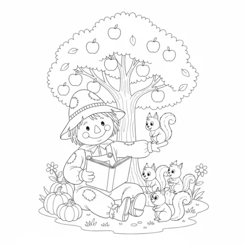 Scarecrow coloring page: a scarecrow reading a book under an apple tree with four squirrels